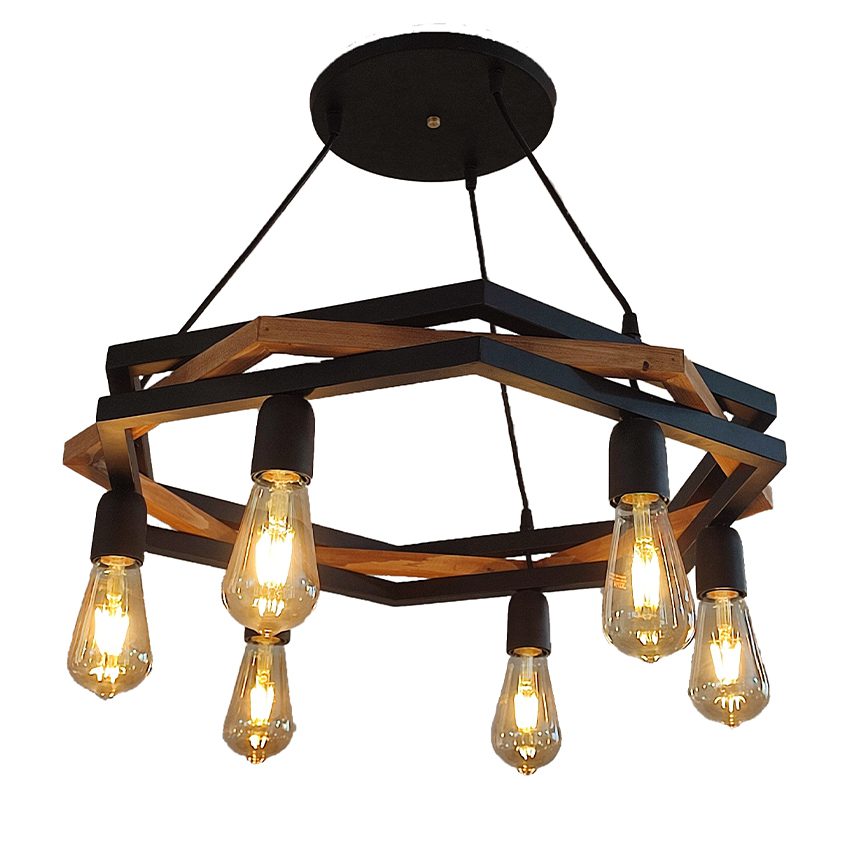 آویز شش شعله چوب و فلز رهام نور، مدل R-516